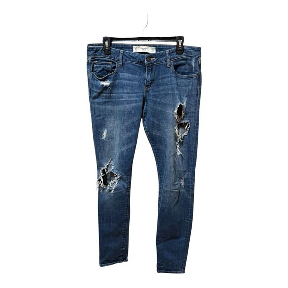 Abercrombie And Fitch New York Womens Distressed Blue Denim Skinny Jeans Size 8R - Picture 1 of 7